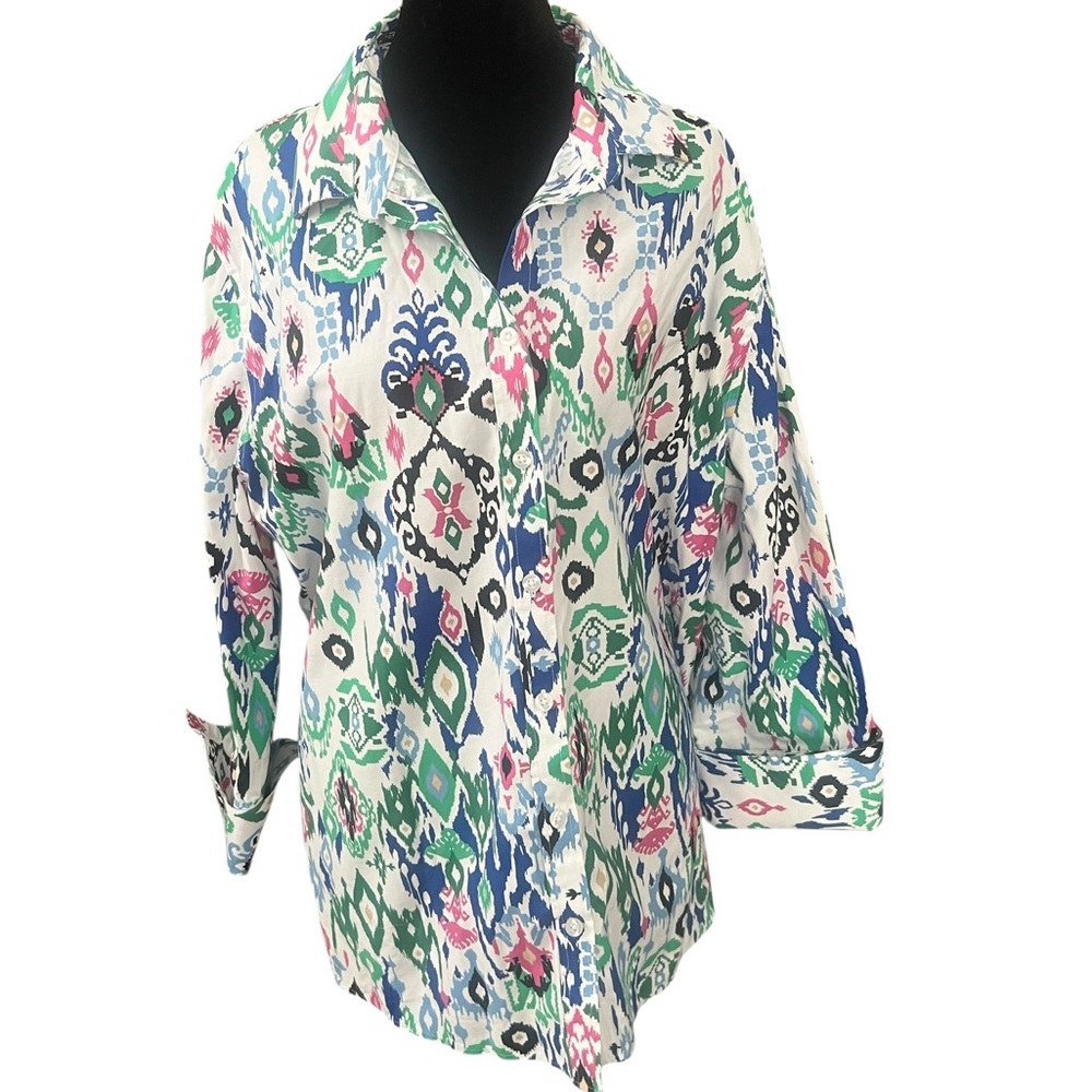 Chico's Button Down Shirt Plus Size 16 White Blue Ikat Print